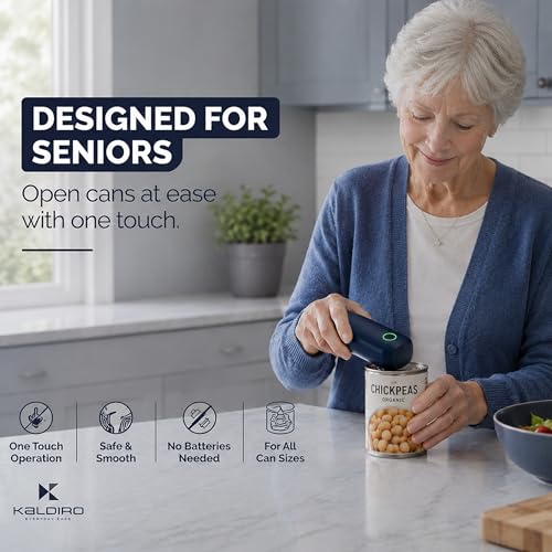 Kaldiro Electric Can Opener For Seniors – One-Touch, Auto-Stop, Rechargeable, Opens All Can Sizes - Compact, Food-Safe, Portable Side Cut Can Opener Smooth Edge For Effortless, Easy Kitchen Use