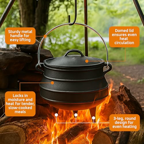 Bruntmor 8-Quart Pre-Seasoned Cast Iron Cauldron - African Potjie Pot with Lid - 3-Legged Pot for Even Heat Distribution - Outdoor Cast Iron Dutch Oven Cookware for Campfire Cooking and Boiling