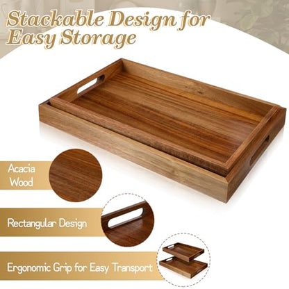2 Pack Solid Acacia Wood Serving Trays with Handles, Rectangular Wooden Serving Platters, Decorative Servings Trays Set, Portable Ottoman Tray–Great for Lap &Couch, 16"+15"