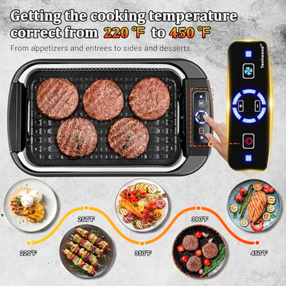Indoor Smokeless Grill, Techwood 1500W Electric Indoor Grill with Tempered Glass Lid, Portable Non-stick BBQ Korean, Turbo Smoke Extractor Technology, Drip Tray& Double Removable Plate, Black