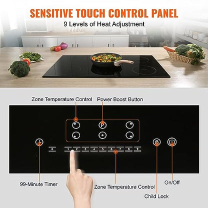 VEVOR Electric Cooktop, 30" 5 Burners Induction Stove Top, 9200W Built-in Magnetic Cooktop, 9 Heating Level Multifunctional Burner, LED Touch Screen w/Child Lock & Over-Temperature Guard