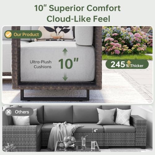 Aoxun Patio Furniture Set, 8 Piece Outdoor Wicker Sectional Sofa Set, All-Weather Rattan with 10'' Ultra-Thick Cushions, Outdoor Conversation Set for Backyard, Poolside and Garden, Brown/Light Gray