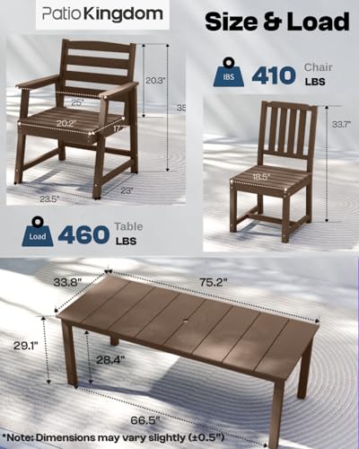 Patio Kingdom 9-Piece Outdoor Dining Set for 8, 75.2'' HDPE Table with Umbrella Hole & Chairs, Weather-Resistant Patio Furniture for Lawn, Yard, Balcony, Deck (Brown)