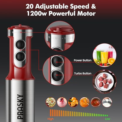 Immersion Blender Handheld 1200W, 5-in-1 Hand Blenders, 20 Speeds Hand Mixer, Stainless Steel Blades, Milk Frother Wand, Whisk, Beaker, Suitable for Kitchen, Protein Shakes and Baby Food (Red)