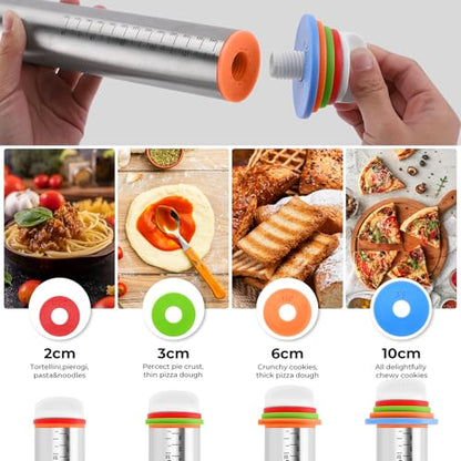 Rolling Pin with Adjustable Thickness Rings and Silicone Baking Pastry Mat Set for Baking,Stainless Steel Dough Roller,Baking Supplies for Cookie Fondant Pizza Cake Pasta(Red)