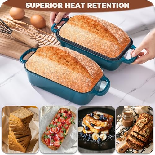 Articasting Cast Iron Loaf Pan With Lid, Enameled Bread Loaf Pan For Homemade Bread Sourdough, 2 In 1 Loaf Pans For Baking Bread 9x5, Even Heating Bread Dutch Oven, Teal
