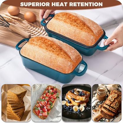 Articasting Cast Iron Loaf Pan With Lid, Enameled Bread Loaf Pan For Homemade Bread Sourdough, 2 In 1 Loaf Pans For Baking Bread 9x5, Even Heating Bread Dutch Oven, Teal