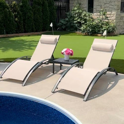 PURPLE LEAF Patio Chaise Lounge Set of 3 Outdoor Lounge Chair Beach Pool Sunbathing Lawn Lounger Recliner Chiar Outside Tanning Chairs with Arm for All Weather, Side Table Included, Beige