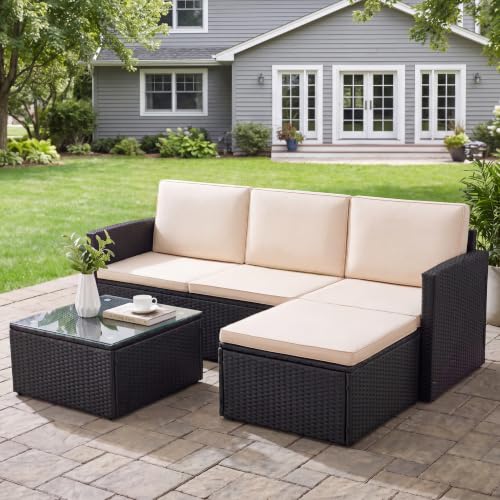Greesum 3 Piece Patio Furniture Set Outdoor Wicker Rattan Sectional Sofa with Adjustable Seat, Soft Cushions & Coffee Table for Yard, Garden, Porch, Poolside, Beige