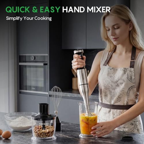FRESKO Immersion Blenders Handheld, Variable Speed Trigger, 4-In-1 Stainless Steel Hand Blender with Food Chopper, Egg Whisk & 24oz Beaker, Stick Mixers for Baby Food, Soups, Smoothies, Sauce
