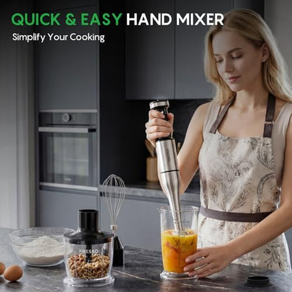 FRESKO Immersion Blenders Handheld, Variable Speed Trigger, 4-In-1 Stainless Steel Hand Blender with Food Chopper, Egg Whisk & 24oz Beaker, Stick Mixers for Baby Food, Soups, Smoothies, Sauce