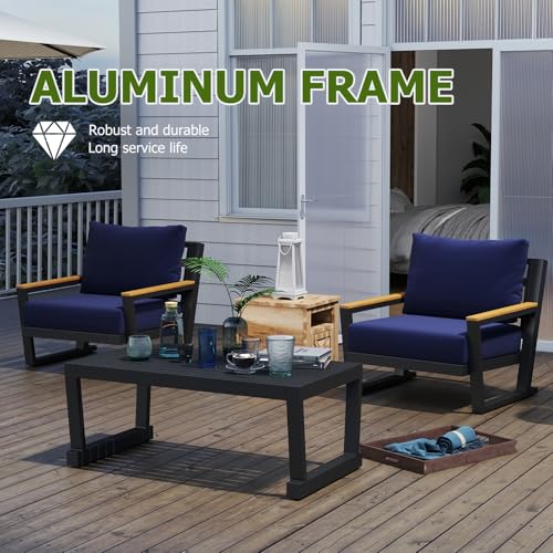 Aluminum Outdoor Patio Furniture Set with Coffee Table,4 Piece Patio Conversation Sets with Washable Thick Cushions, Outdoor Sectional Furniture Set for Porch, Balcony, Deck, Yard, Blue