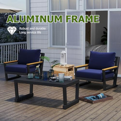 Aluminum Outdoor Patio Furniture Set with Coffee Table,4 Piece Patio Conversation Sets with Washable Thick Cushions, Outdoor Sectional Furniture Set for Porch, Balcony, Deck, Yard, Blue