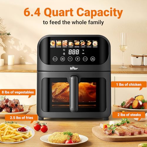 Bear Air Fryer, Stainless Steel Airfryer 8 Presets for Fast Family Meals, 6.4Qt Large Visible Window Temp Timer Adjustable Roast Bake Crisp French Fries Steak, Non Stick Basket Dishwasher Safe