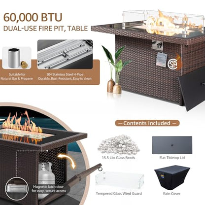 NICESOUL 15 Piece Outdoor Sectional with Fire Pit Table, Modern Luxury Patio Deep Seating w/Firepit, 29.3'' High-Back Wicker Couch Thick, Big High-Weight Capacity Sofa for Garden, Yard, Brown & Beige