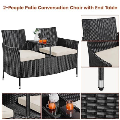 Yaheetech Patio Loveseat, Outdoor Wicker Double Chair w/Side Table