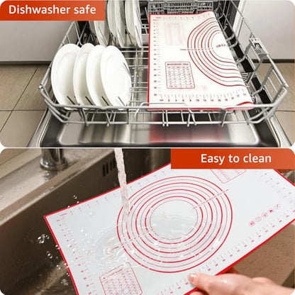 Silicone Baking Mat - 0.7mm New Upgraded Non-slip and Reusable Pastry Mat for Rolling Out Dough, Non Stick Silicone Mats with Measurements for Cookies, Macaroon, Bread, Pastry (Red)
