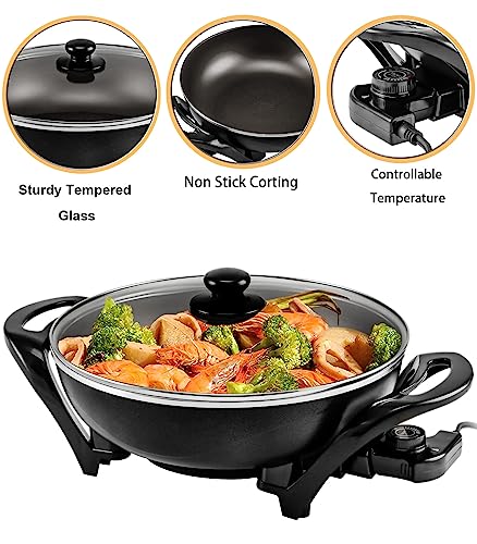 Electric Wok With Lid Nonstick - Electric Skillet Serves For 6 People, Portable Countertop Cooking Wok, 5-Dial Temperature Control, 13inch, Black