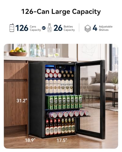 Feelfunn 3.2 Cu. Ft. Beverage Refrigerator, 126-Can Mini Fridge, 34-64°F