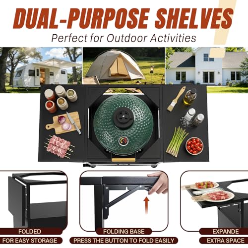Outdoor Big Green Egg Grill Cart,Egg BBQ Grill with Dustproof Cover, 3-Duty Storage, 2 Sided Prep Table, 530Lbs&Heavy Duty Metal, Outside-in Easy assembly, Compatible with Big Green Egg,Kamado Joe