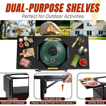 Outdoor Big Green Egg Grill Cart,Egg BBQ Grill with Dustproof Cover, 3-Duty Storage, 2 Sided Prep Table, 530Lbs&Heavy Duty Metal, Outside-in Easy assembly, Compatible with Big Green Egg,Kamado Joe