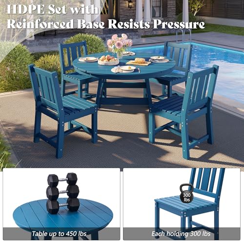 AMERLIFE 5 Piece HDPE Outdoor Dining Table & Chairs Set, All-Weather Patio Table and Chairs Set Furniture with Umbrella Hole for Garden, Backyard, Poolside, Seaside, Blue