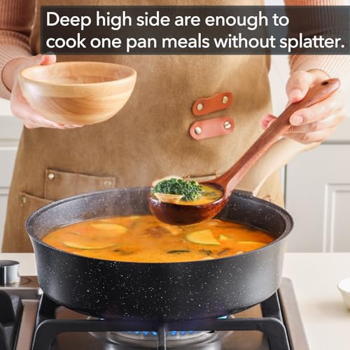 AnimoZest Nonstick Deep Frying Pan with Lid, 3.5 QT Swiss Granite Coating Sauté Pan, 10 Inch Healthy Non Stick Skillet Cooking Pan with Stay Cool Handles, PFOA Free, Induction Ready.