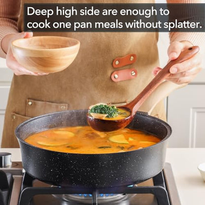 AnimoZest Nonstick Deep Frying Pan with Lid, 3.5 QT Swiss Granite Coating Sauté Pan, 10 Inch Healthy Non Stick Skillet Cooking Pan with Stay Cool Handles, PFOA Free, Induction Ready.