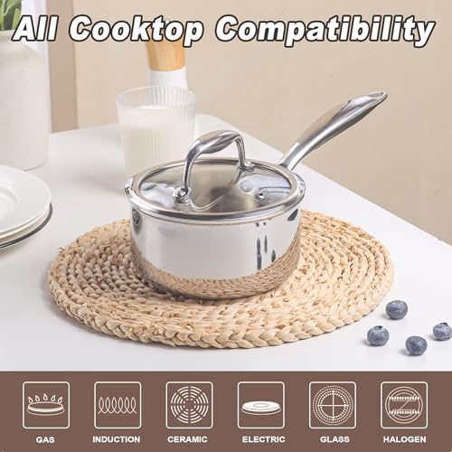 KC-Emier 1-Quart Saucepan with Lid, Tri-Ply Stainless Steel Pot with Stay-Cool Handle & All Cooktop Compatibility (Gas, Ceramic, Electric) - Silver