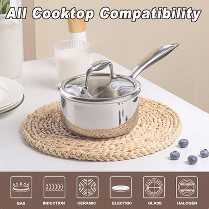 KC-Emier 1-Quart Saucepan with Lid, Tri-Ply Stainless Steel Pot with Stay-Cool Handle & All Cooktop Compatibility (Gas, Ceramic, Electric) - Silver