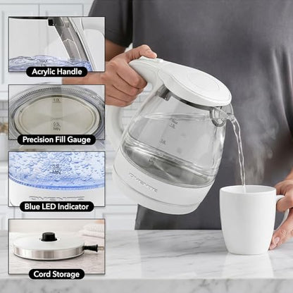 OVENTE 1.5L Glass Electric Kettle Water Boiler, White KG83W
