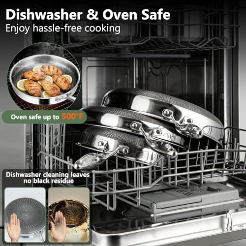 Vocvee Non Stick Frying Pans, 10-inch with Lid, Hybrid Frying Pans Nonstick Stainless Steel Skillets, Dishwasher & Oven-Safe, Stay-Cool Handle, PFOA Free Cookware, Compatible with All Cooktops