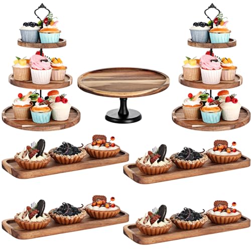 Havawish 7 Pcs Wood Dessert Table Display Set, 3 Tier Wooden Cupcake Stand Round Cake Stand Rectangular Serving Tray Platter for Display Tea Party Wedding Farmhouse(Natural Color)