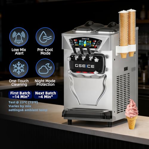 Commercial Soft Serve Ice Cream Machine 3 Flavor, Countertop Soft Serve Machine 22–28 L/hr, 2×6L Hoppers, 110V 1600W, Frozen Yogurt Machine with Pre-Cool, Night Mode, Low Mix Alert, One-Touch Clean
