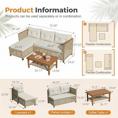 Devoko Wicker Patio Furniture Set, 3 Pieces Outdoor Sofa with Tufted Pillow,PE Rattan Small Sectional Couch Set for Backyard, Deck,Porch & Poolside(Brown)