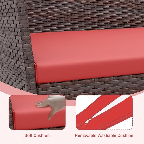 GarveeHome Modern 4-Person Outdoor Bistro Set with Tempered Glass Table – Weather-Resistant PE Rattan & Iron Frame Patio Furniture, Thick Red & Brown Polyester Cushions for Garden, Balcony, Deck
