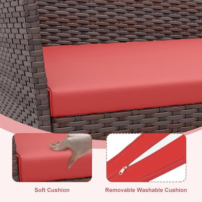 GarveeHome Modern 4-Person Outdoor Bistro Set with Tempered Glass Table – Weather-Resistant PE Rattan & Iron Frame Patio Furniture, Thick Red & Brown Polyester Cushions for Garden, Balcony, Deck