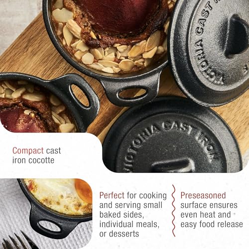 Victoria Pack of 2 Cast Iron Mini Cocottes, Preseasoned Mini Dutch Oven Set for Baking, Serving, and Individual Portions, Made in Colombia