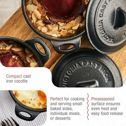 Victoria Pack of 2 Cast Iron Mini Cocottes, Preseasoned Mini Dutch Oven Set for Baking, Serving, and Individual Portions, Made in Colombia
