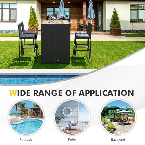 RELAX4LIFE 5-Piece Outdoor Bar Set - Wicker Rattan Bar Height Dining Table w/Acacia Wood Top & 4 Bar Stools Chairs w/Seat Cushions, Backrest, Footrest, Outside Patio Bistro Set for Backyard (47.5'')