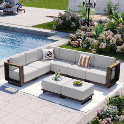 Aoxun Patio Furniture Set, 8 Piece Outdoor Wicker Sectional Sofa Set, All-Weather Rattan with 10'' Ultra-Thick Cushions, Outdoor Conversation Set for Backyard, Poolside and Garden, Brown/Light Gray