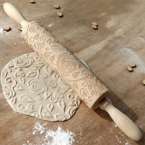 Ragyzity Wooden Embossed Rolling Pin for Baking, Rose Flower Embossed Engraved Carved Rolling Pin, Wooden Roll Pin Laser Engraved Rolling Pin DIY Tool for Making Cookie Dough Crusts Pies Pastry