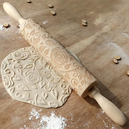 Ragyzity Wooden Embossed Rolling Pin for Baking, Rose Flower Embossed Engraved Carved Rolling Pin, Wooden Roll Pin Laser Engraved Rolling Pin DIY Tool for Making Cookie Dough Crusts Pies Pastry