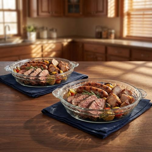 Uiifan 2 Packs 9 Inches Mini Glass Pie Pan for Baking Clear Pie Plate with Handles Round Glass Dish for Baking and Serving, Snacks, Salads, Desserts