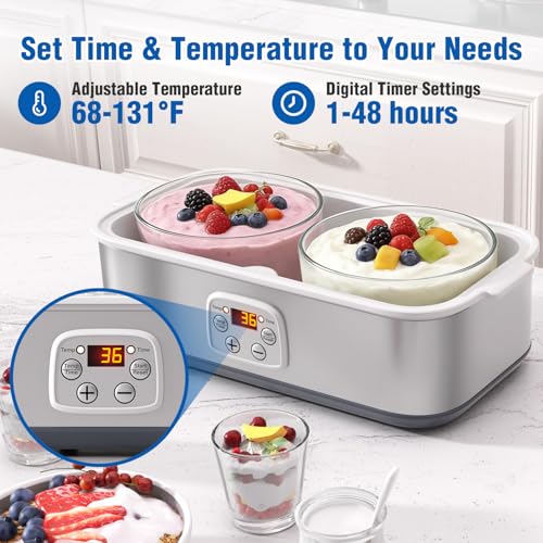 Yogurt Maker with Adjustable Time and Temp Control, BPA-Free 2 Bowls
