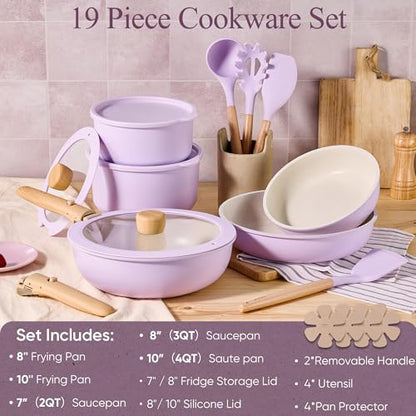 CAROTE Pots and Pans Set Non Stick, Cookware Sets, 19pcs Kitchen Set, Oven/Fridge Safe, Space Saving Pots Set, Nonstick Set with Versatile Removable/Detachable Handle, Induction RV Set, Purple