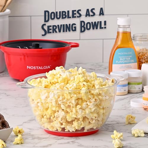 Nostalgia Electric Non-Stick Stirring Popcorn Machine with Hot Oil- Easy-To-Clean Popcorn Popper with Dual-Use Bowl & Cool-Touch Handles- Popcorn Maker for 8 Cups of Theater Style Popcorn- Red