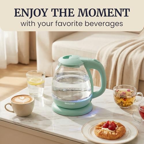 Elite Gourmet 1L Glass Electric Water Kettle, BPA-Free, Fast Boil, Auto Shut-Off, Boil-dry Protection, 360° Swivel Base with Cordless Serving, Clear-view Water Level Markings, Mint