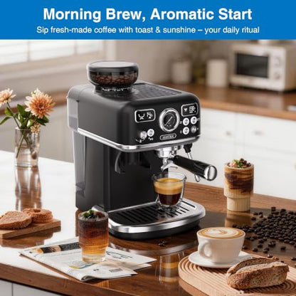 XIXUBX Espresso Machine with Grinder, PID & Programmable Settings, Black