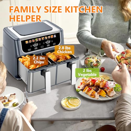 DUMOS 10-in-1 Air Fryer 9.5 QT, Large Airfryer with with 2 Independent Frying Baskets, Sync Finish & Match Cook, Shake Reminder, Wide Temperature 80-450°F, Roast Bake Defrost Dehydrate, Grey